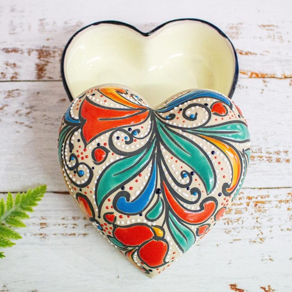 Handmade Heart Shaped Ceramic Jewelry Box 'Flourishing Heart'