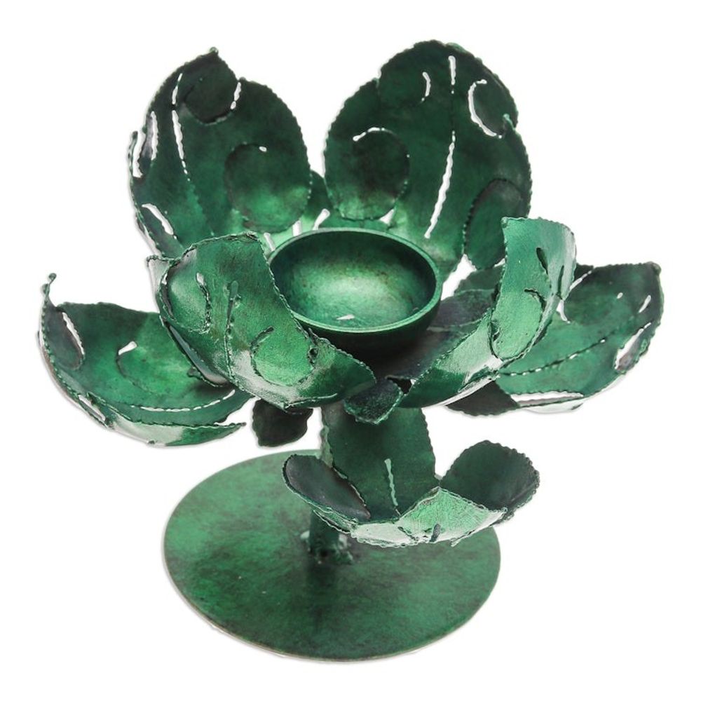 Green Lotus-Themed Iron Tealight Candleholder from Thailand 'Vitality Lotus'