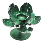 Green Lotus-Themed Iron Tealight Candleholder from Thailand 'Vitality Lotus'