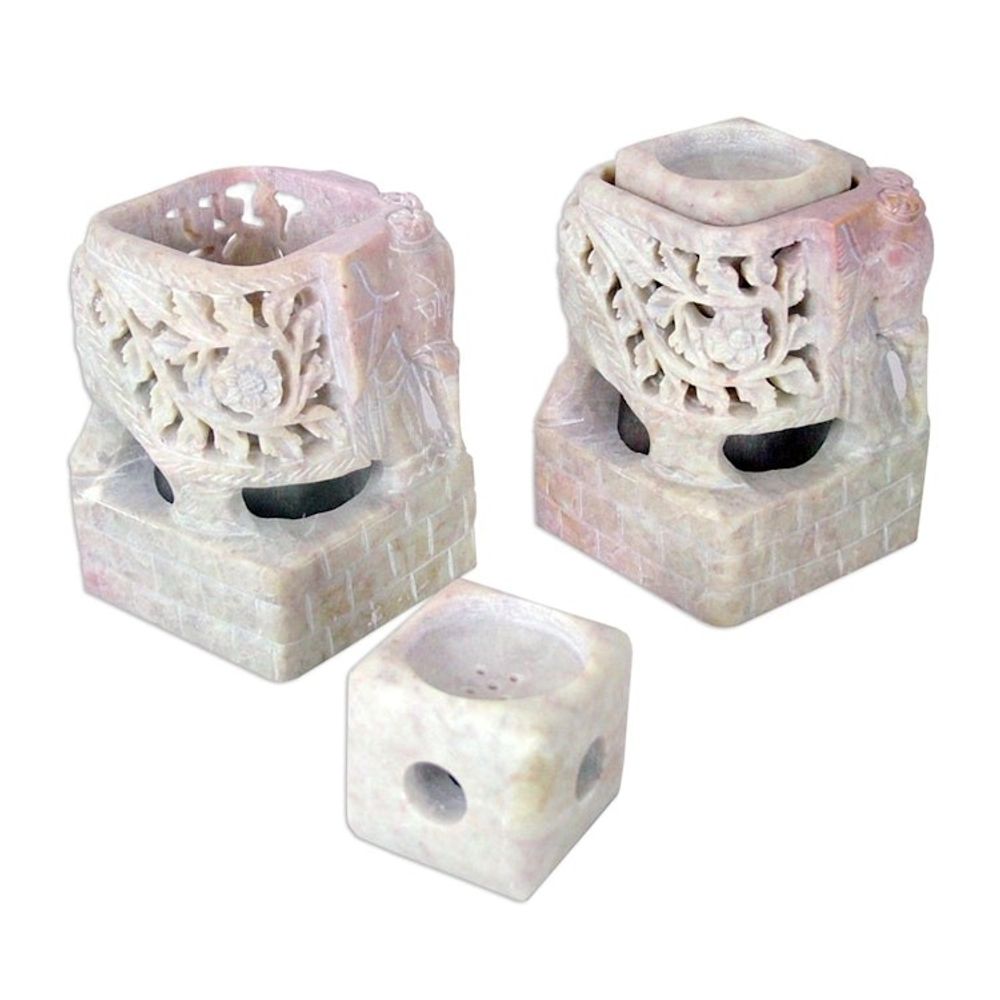Animal Themed Candle Holder Soapstone Elephant Pair Set 'Floral Elephants'