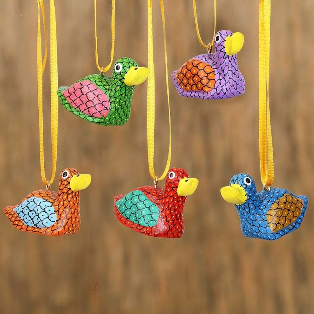 Painted Wood Alebrije Duck Ornaments Set of 5 from Mexico 'Sweet Ducks'