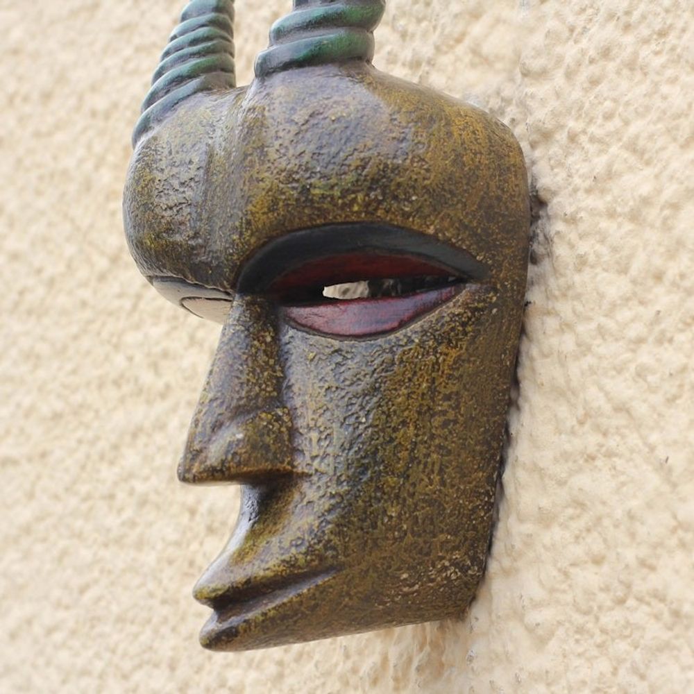 Gold-Tone African Wood Goat Mask from Ghana 'Golden Goat'