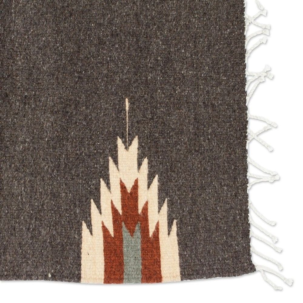 Handwoven Geometric Dark Grey Zapotec Wool Runner 2x6 'Grey Gleams'