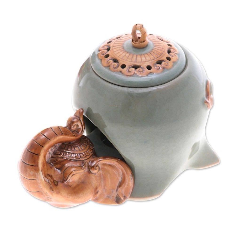 Crackled Elephant-Themed Green Ceramic Oil Warmer 'The Giant's Green Palace'