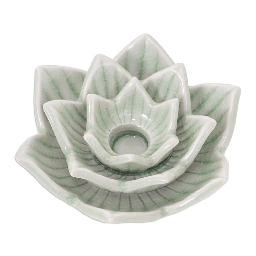 Celadon Ceramic Green Candle Holder Handmade in Thailand 'Lotus Flower in Green'