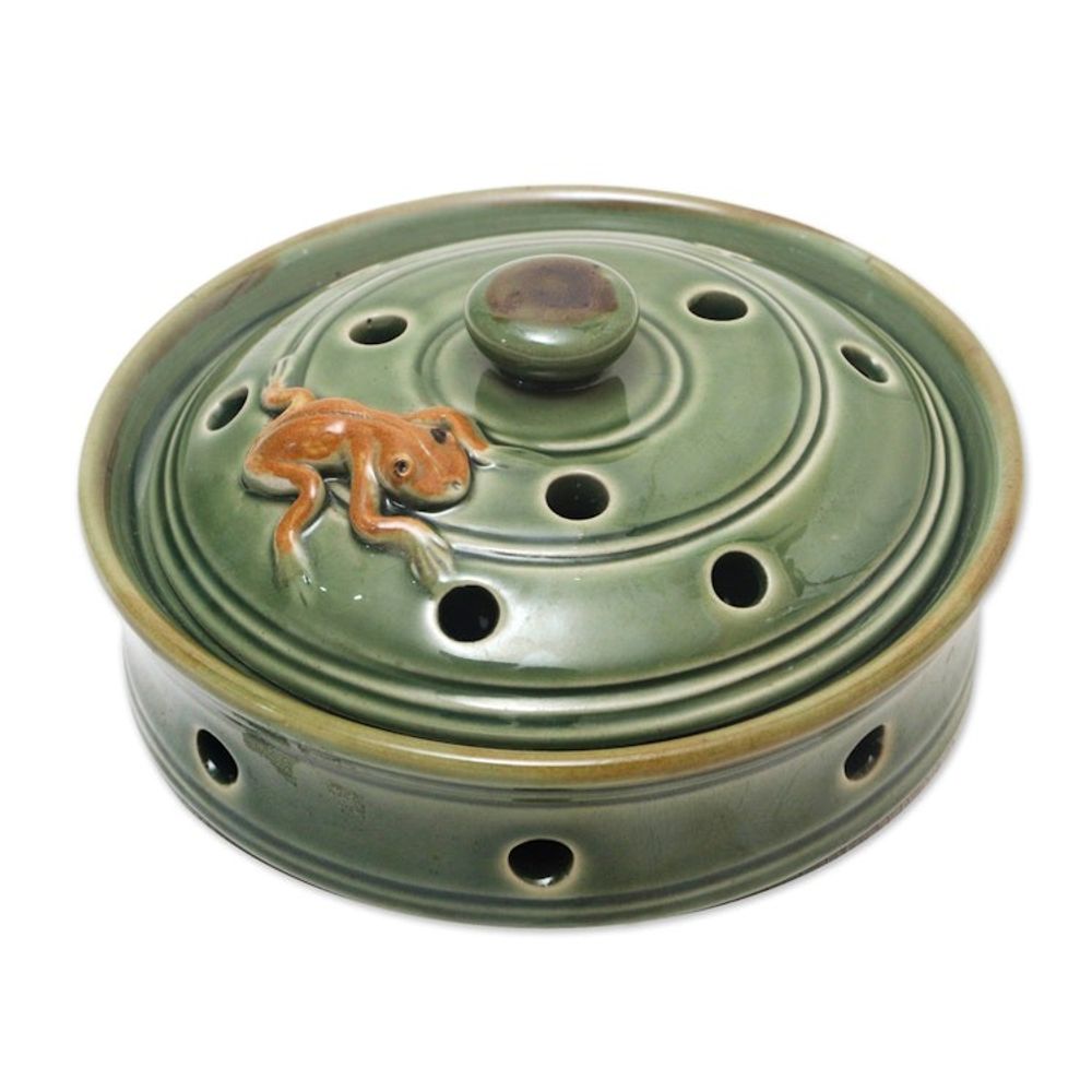 Handmade Porcelain Mosquito Coil Holder with Frog Motif 'Frog with Polka Dots'
