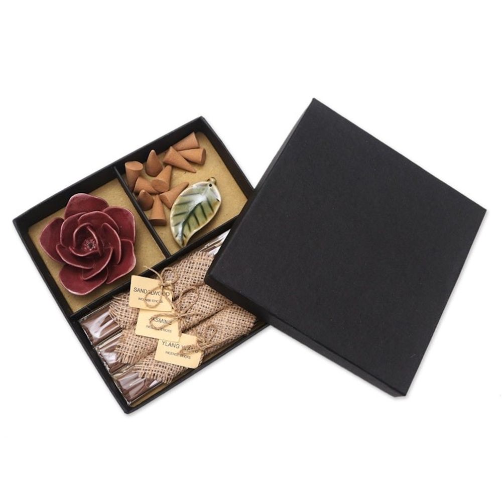 Incense and Ceramic Holders Gift Set 'Burgundy Rose'