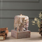 Animal Themed Candle Holder Soapstone Elephant Pair Set 'Floral Elephants'