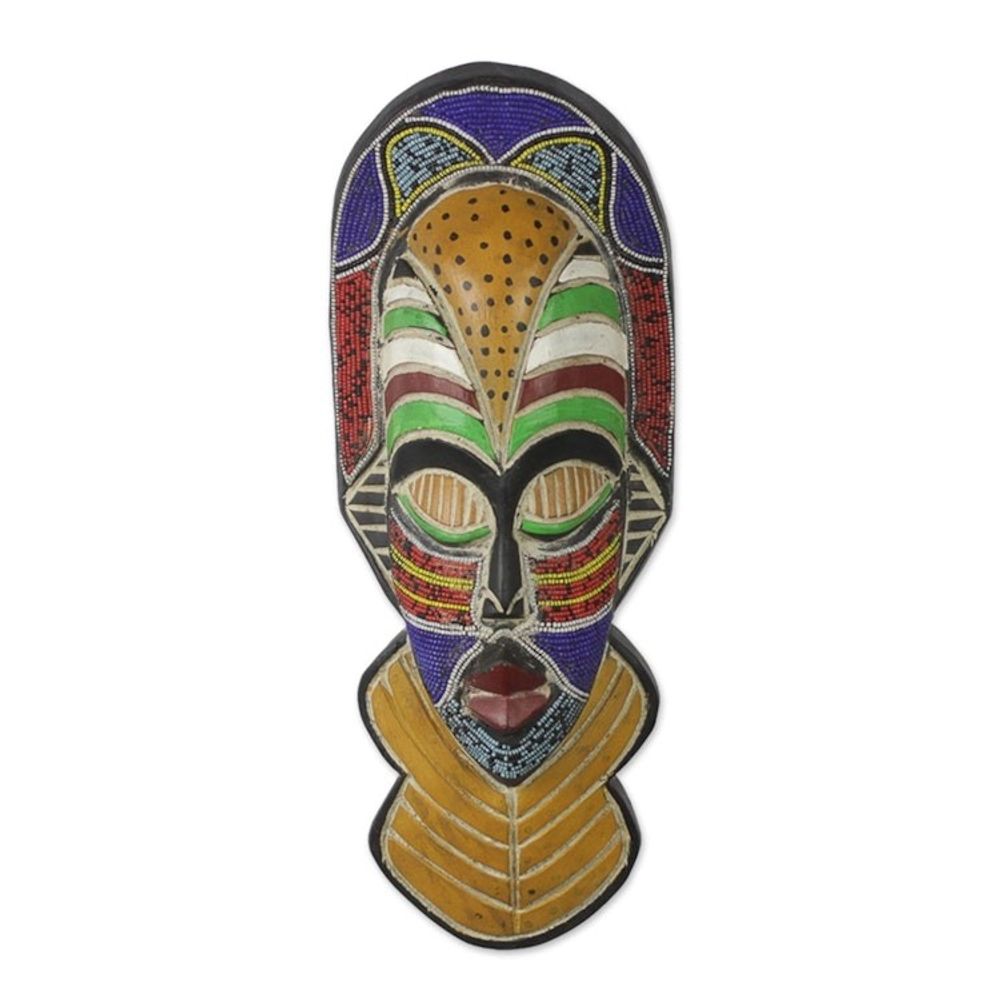 Sese Wood and Recycled Glass Beaded Wall Mask from Ghana 'Sinethemba'