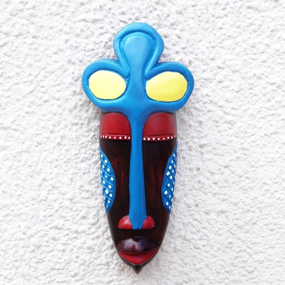 Hand-Painted African Wood Mask in Brown Blue Yellow Red 'Chief Linguist'