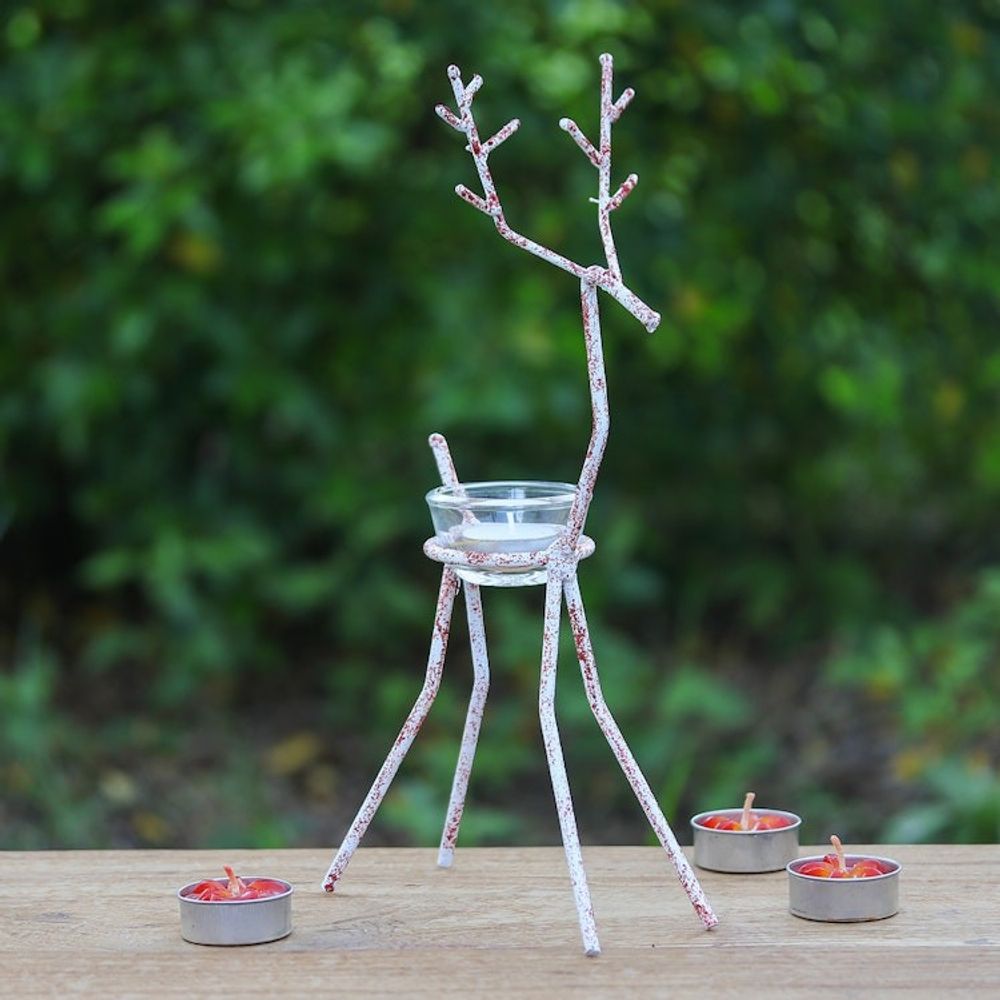 Handcrafted Iron Reindeer Tealight Holder in White and Red 'Winter Reindeer in Red'