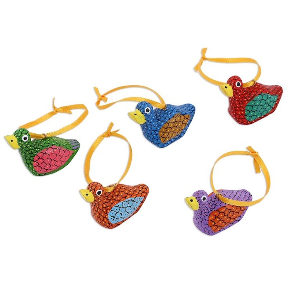 Painted Wood Alebrije Duck Ornaments Set of 5 from Mexico 'Sweet Ducks'
