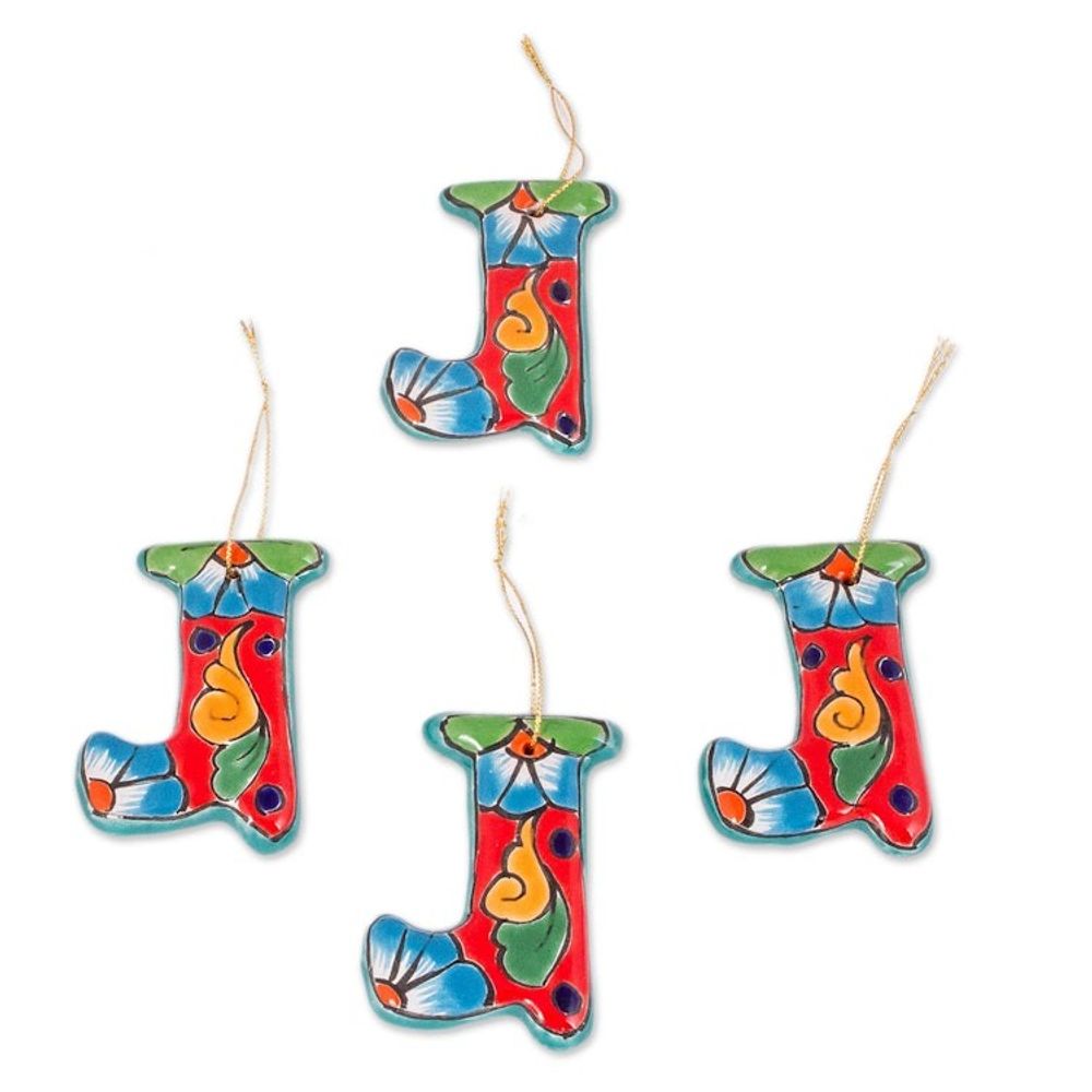 Talavera-Style Ceramic Stocking Ornaments Set of 4 'Talavera Stocking'