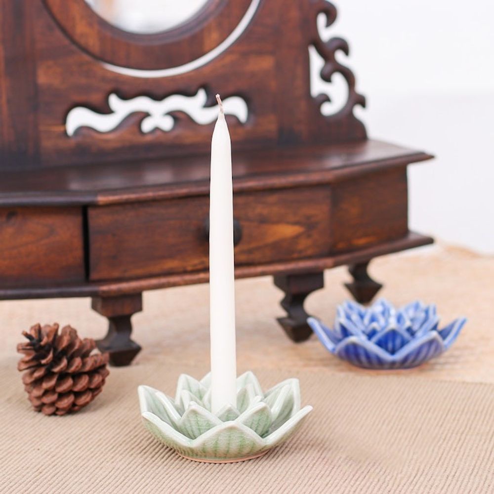 Celadon Ceramic Green Candle Holder Handmade in Thailand 'Lotus Flower in Green'