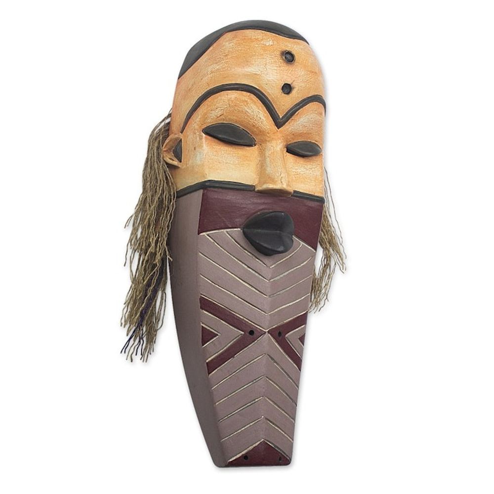 Artisan Made African Sese Wood and Raffia Mask 'Pende Personage'