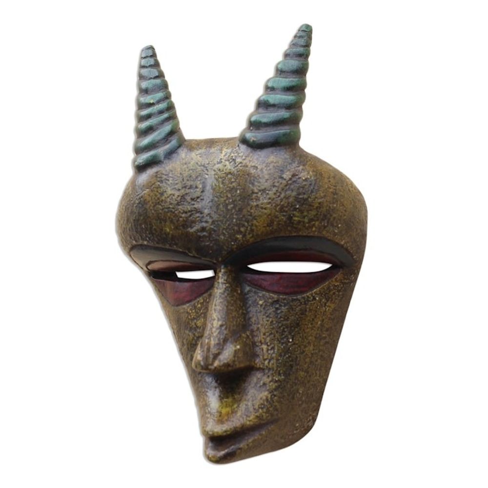 Gold-Tone African Wood Goat Mask from Ghana 'Golden Goat'
