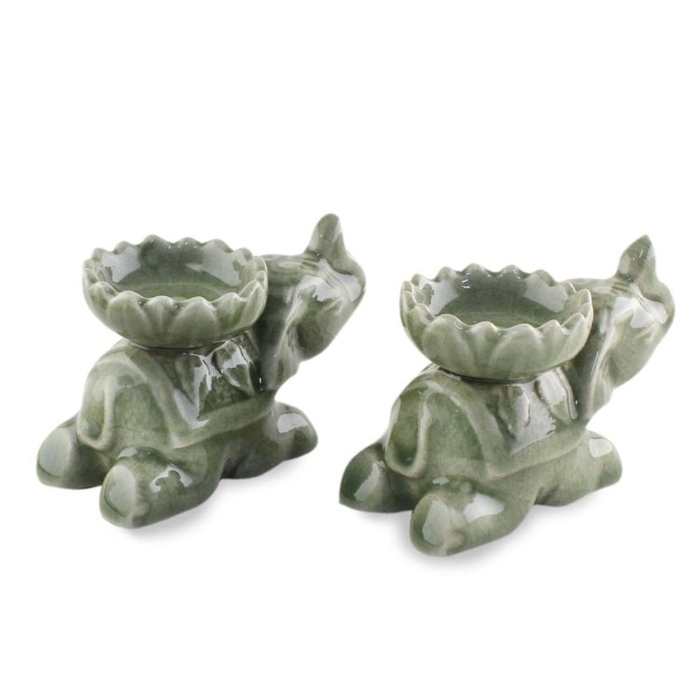 Green Ceramic Elephant Incense Holders Pair 'Polite Elephants'