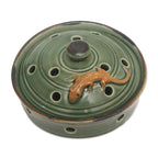 Green Handmade Lizard-Themed Porcelain Mosquito Coil Holder 'Lizard with Polka Dots'