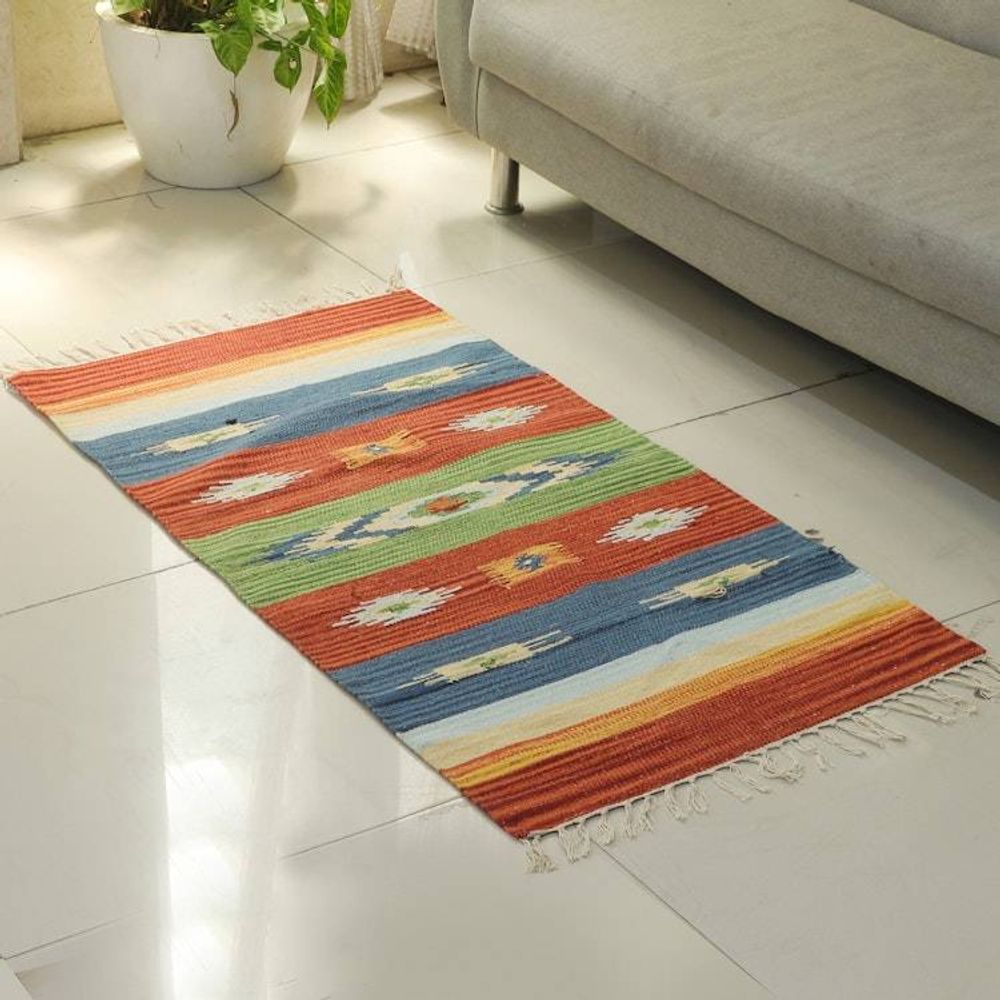 Boho Geometric Hand-Loomed Cotton Dhurrie Area Rug 2x4 'Vibrant Dreams'