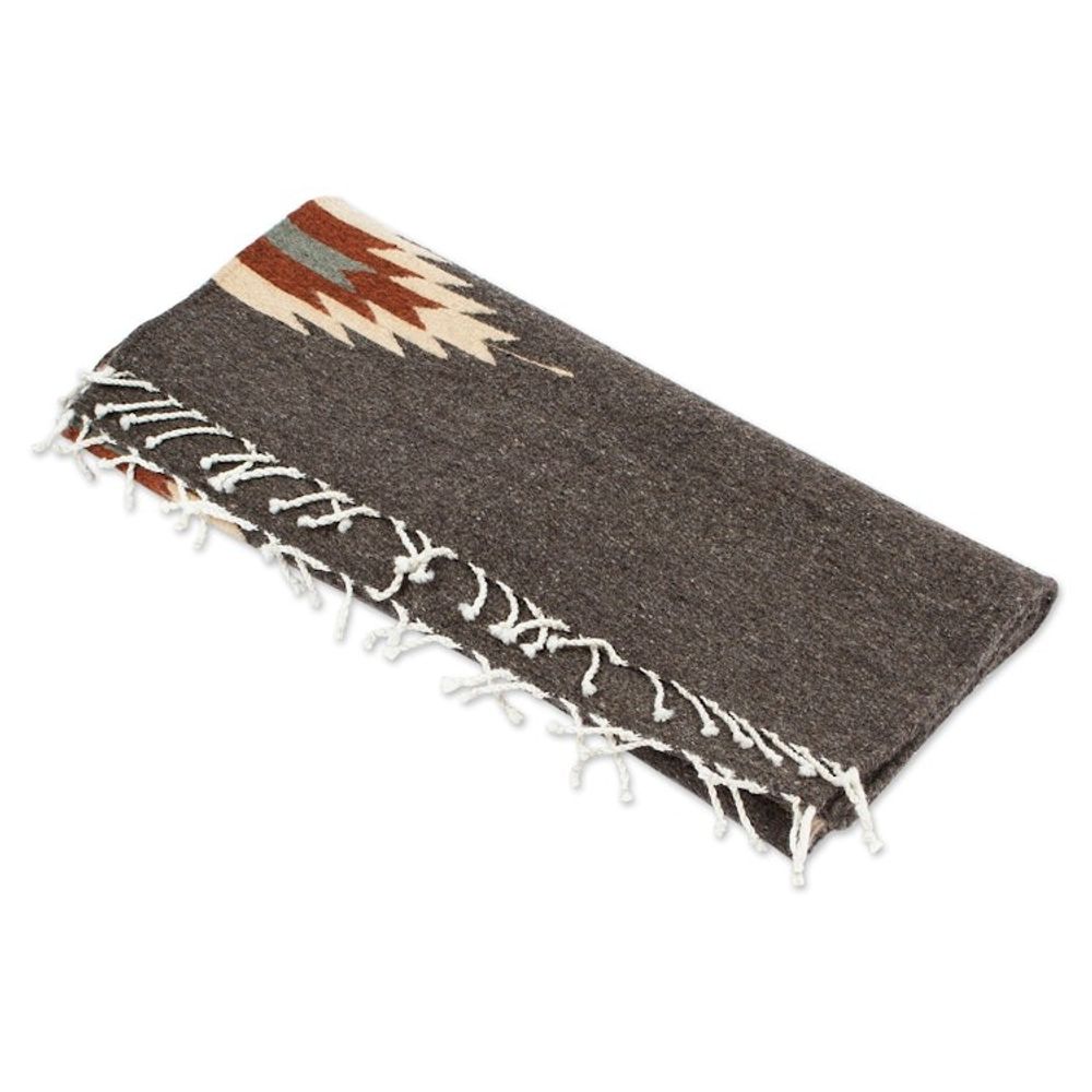 Handwoven Geometric Dark Grey Zapotec Wool Runner 2x6 'Grey Gleams'