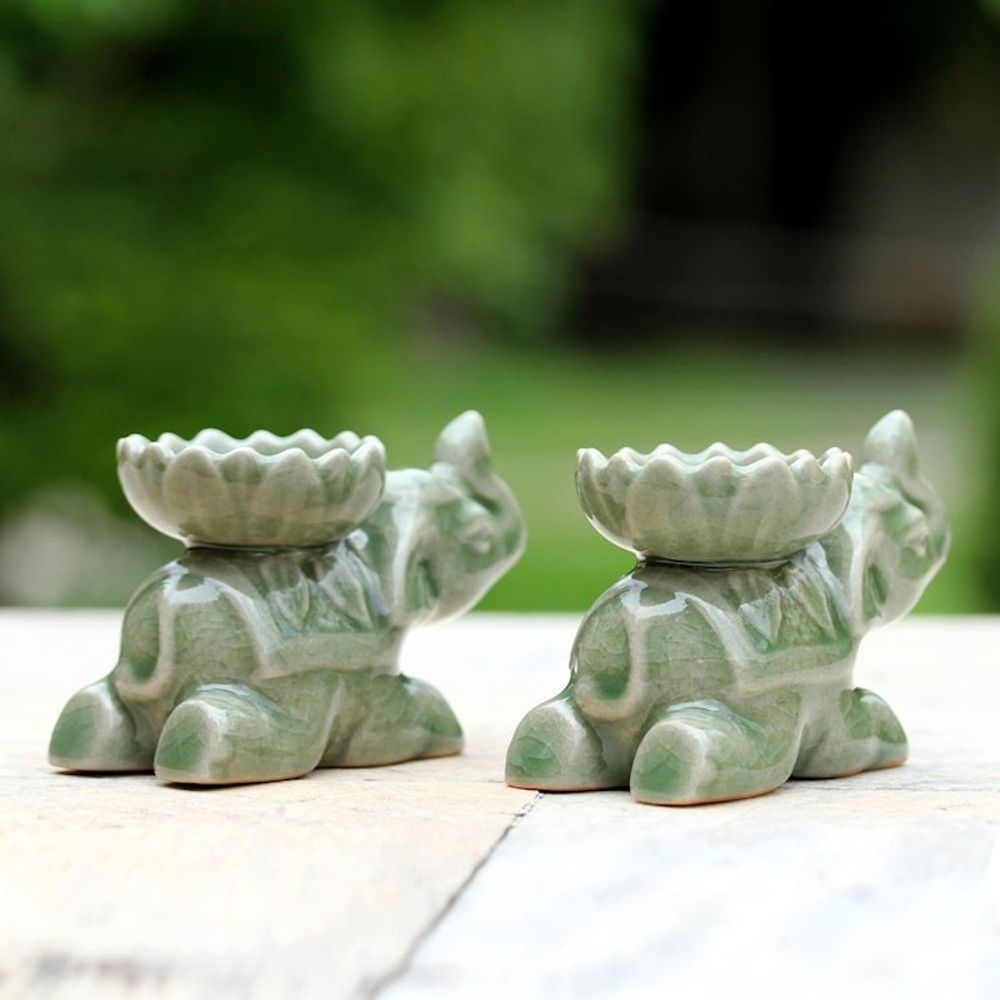 Green Ceramic Elephant Incense Holders Pair 'Polite Elephants'