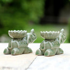 Green Ceramic Elephant Incense Holders Pair 'Polite Elephants'