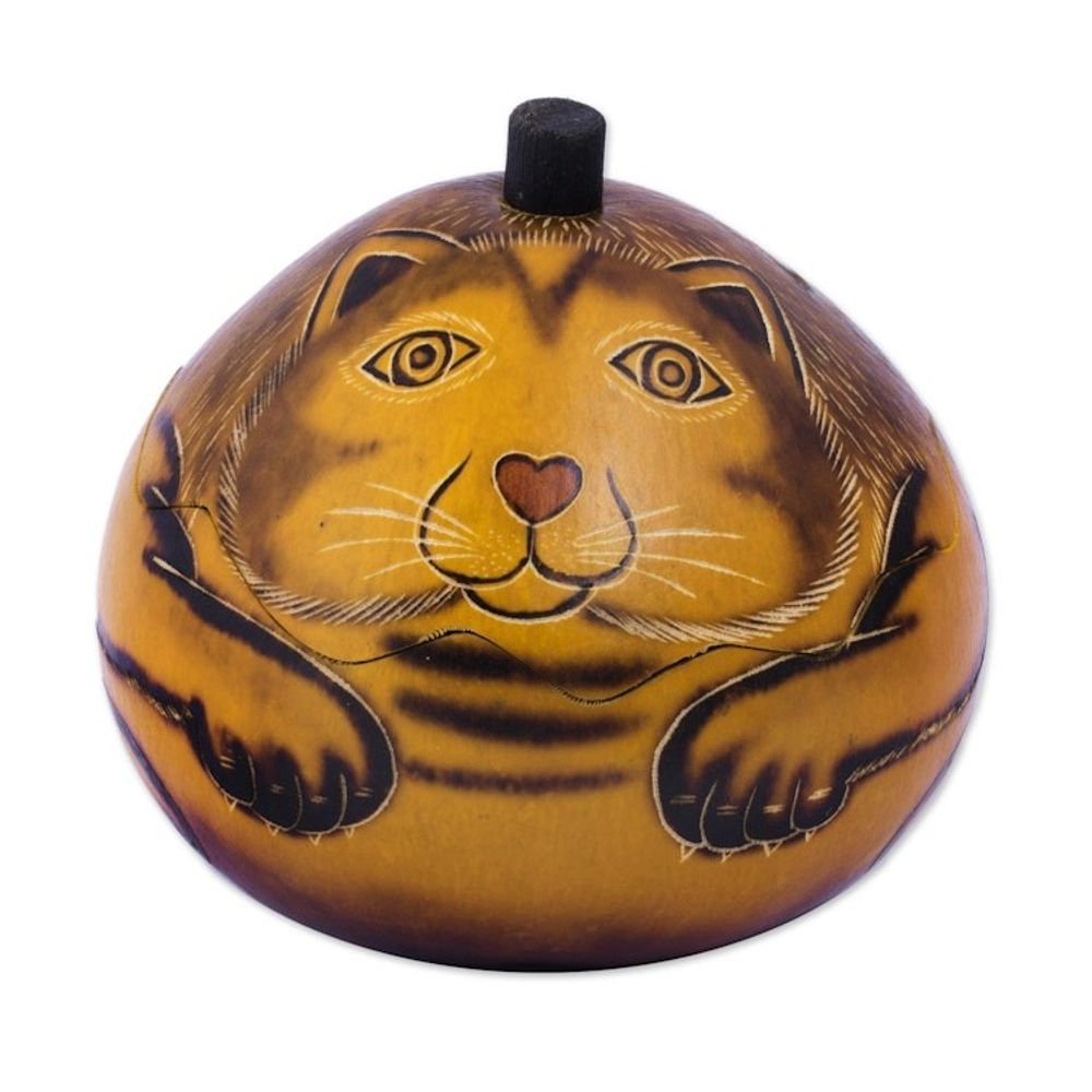 Andean Artisan Crafted Dried Mate Gourd Cat Box 'Andean Feline'