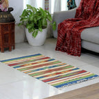 Folk Art Geometric Dhurrie Rug Hand-Woven in Cotton 2x4 'Rainbow Fantasy'