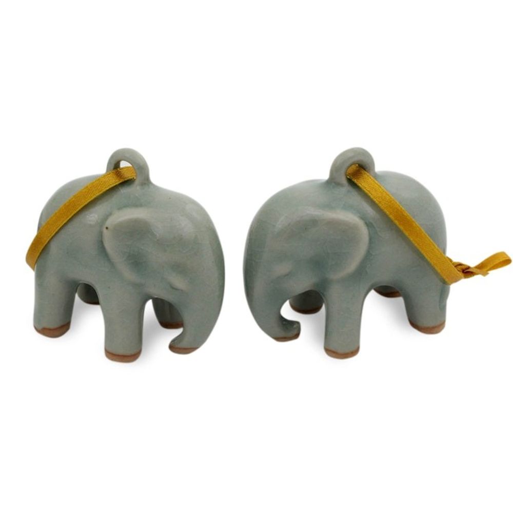 Crackled Green Celadon Ceramic Ornaments Pair 'Light Blue Elephant'
