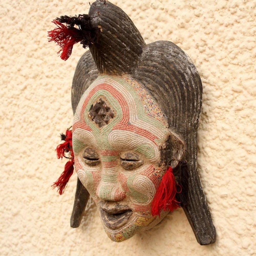 Hand Beaded Congo Zaire Wood Mask 'River Goddess'