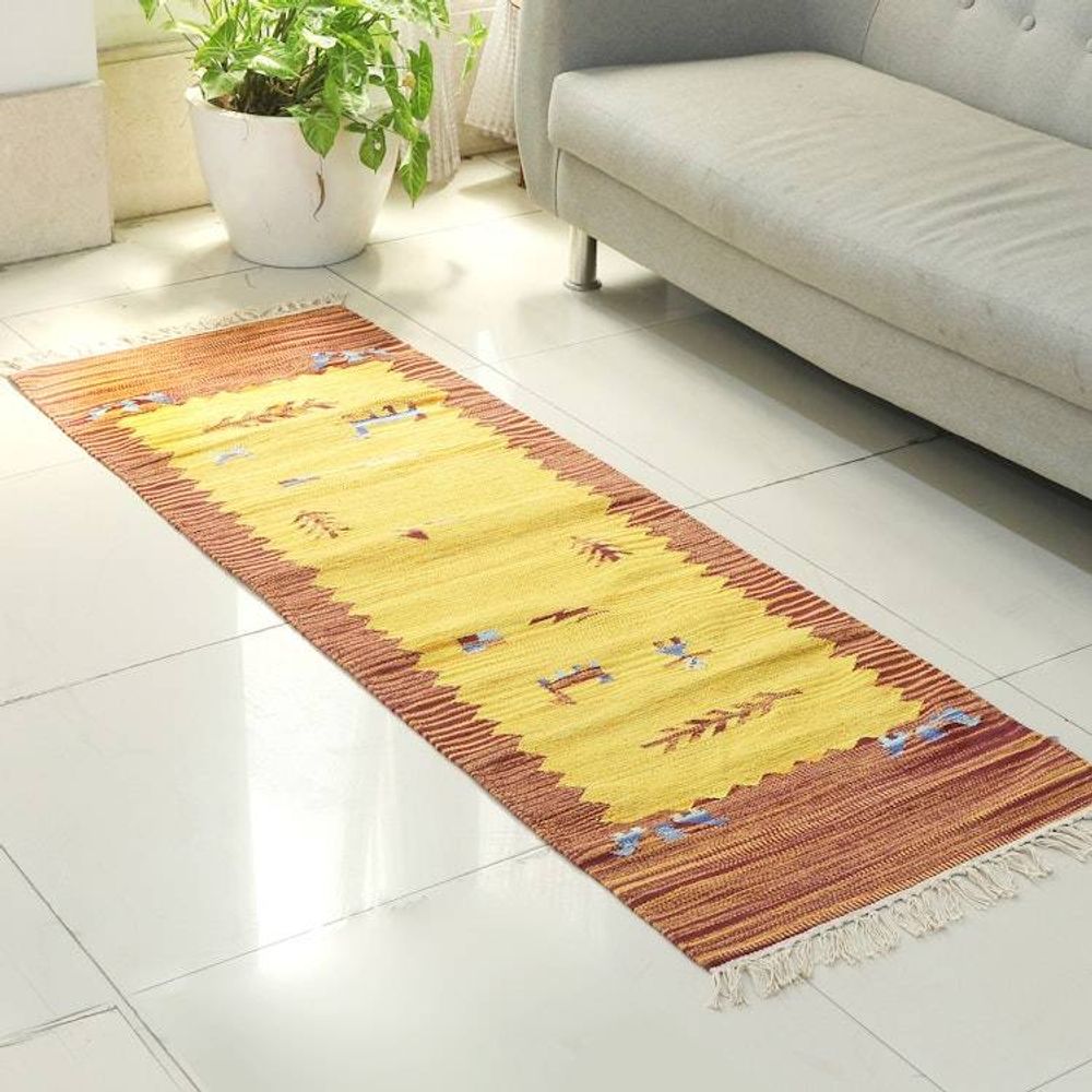 Folk Art-Inspired 2x6 100 Cotton Fringed Dhurrie Runner Rug 'Pastoral Harmony'