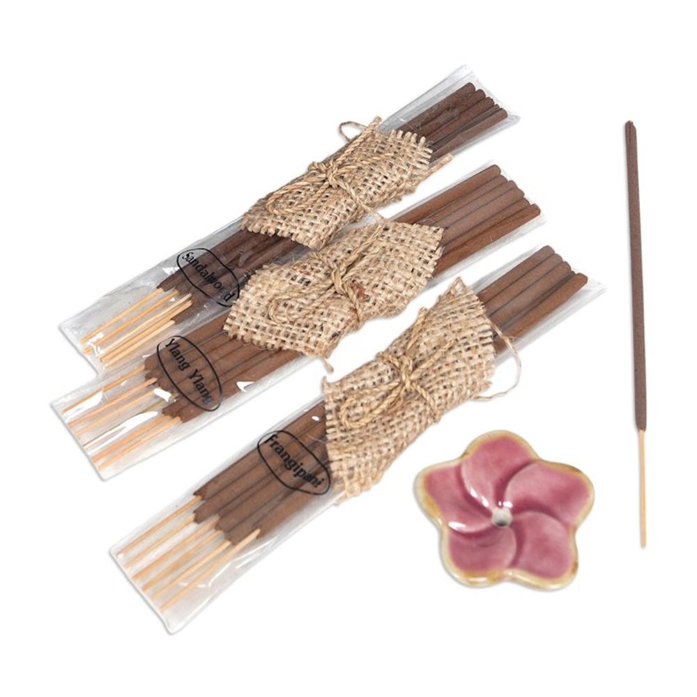 Incense Set with 18 Sticks and a Pink Floral Ceramic Holder 'Frangipani Sweetness'