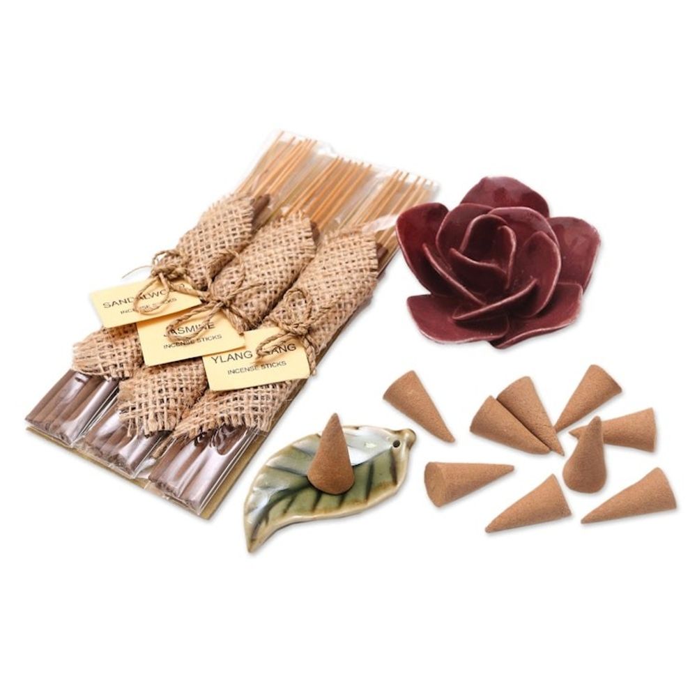 Incense and Ceramic Holders Gift Set 'Burgundy Rose'