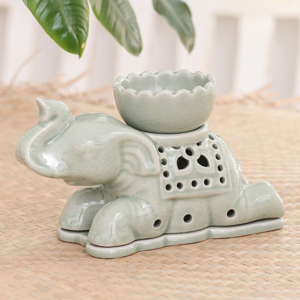 Handcrafted Celadon Oil Warmer 'Royal Elephant'