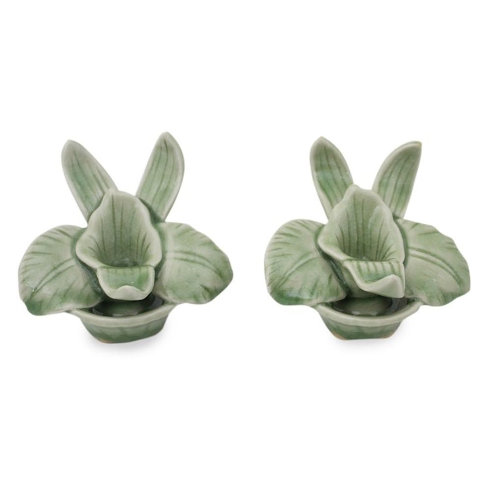 Green Celadon Ceramic Orchid Shaped Candle Holders Pair 'Thai Jade Orchids'