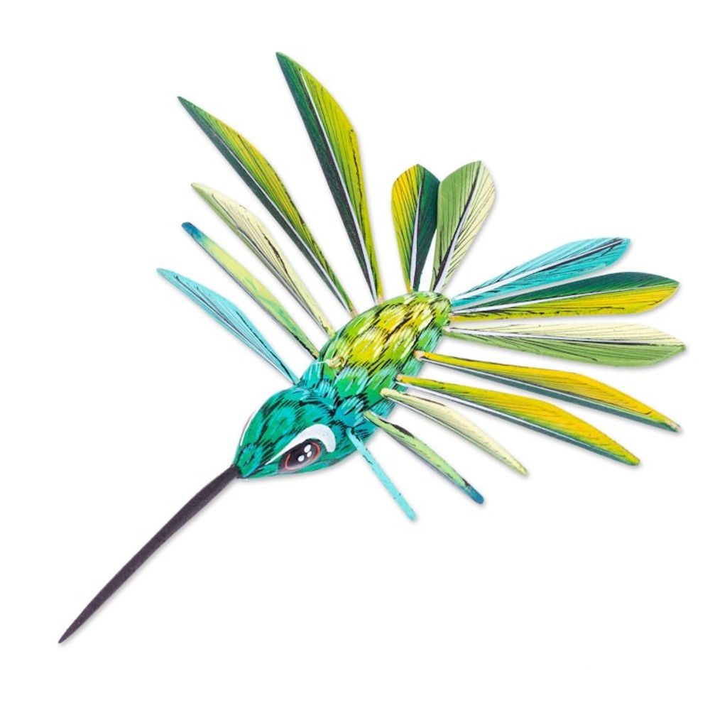 Hand-Painted Green Copal Wood Alebrije Bird Ornament 'Jungle Plumage'