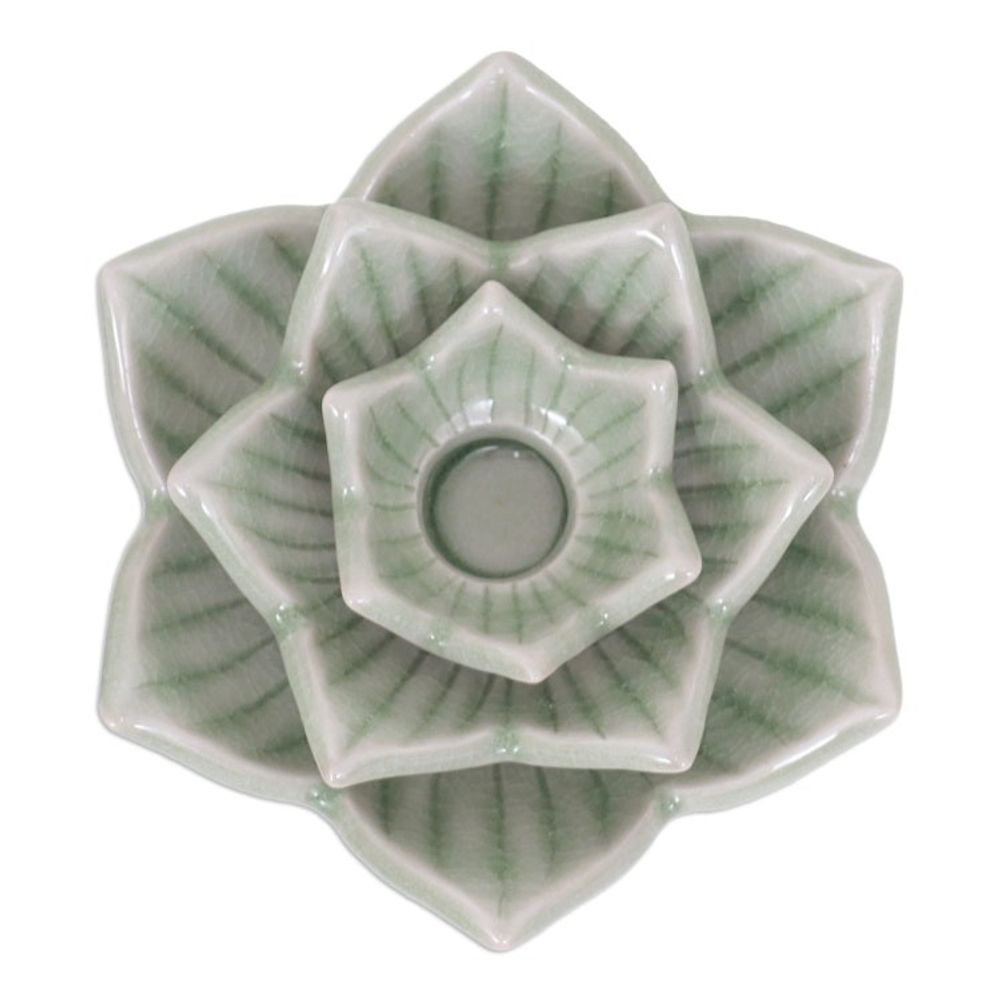 Celadon Ceramic Green Candle Holder Handmade in Thailand 'Lotus Flower in Green'
