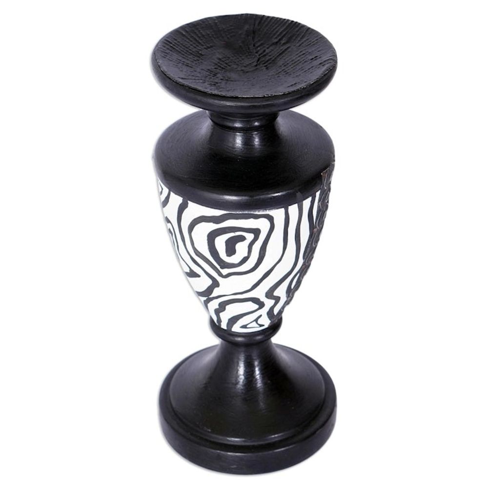 Wood Candle Holder with Embossed Aluminum Accents from Ghana 'African Wilderness'