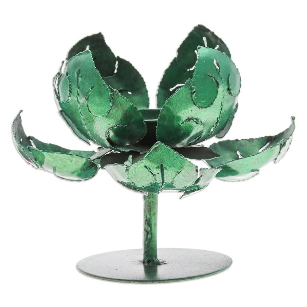 Green Lotus-Themed Iron Tealight Candleholder from Thailand 'Vitality Lotus'