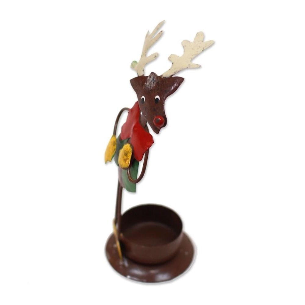 Handcrafted Steel Rudolph Tealight Holder from Bali 'Dapper Reindeer'