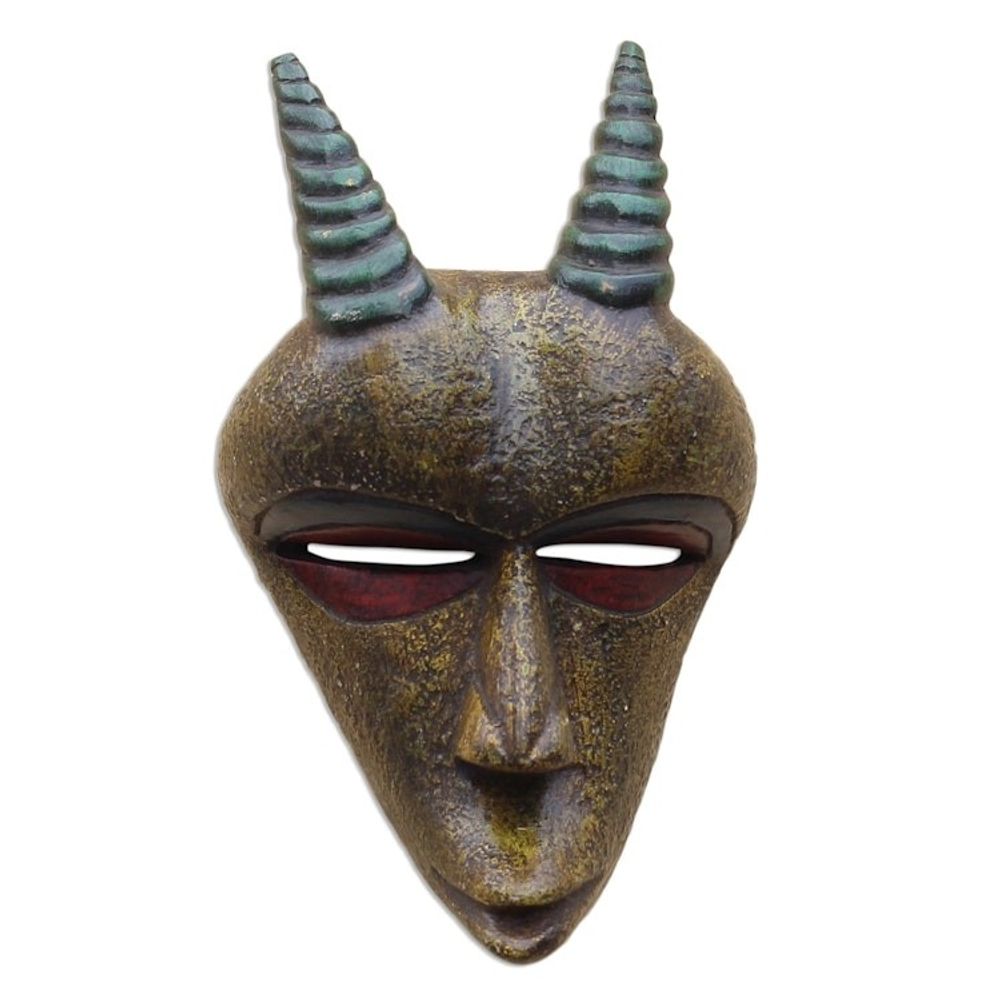 Gold-Tone African Wood Goat Mask from Ghana 'Golden Goat'